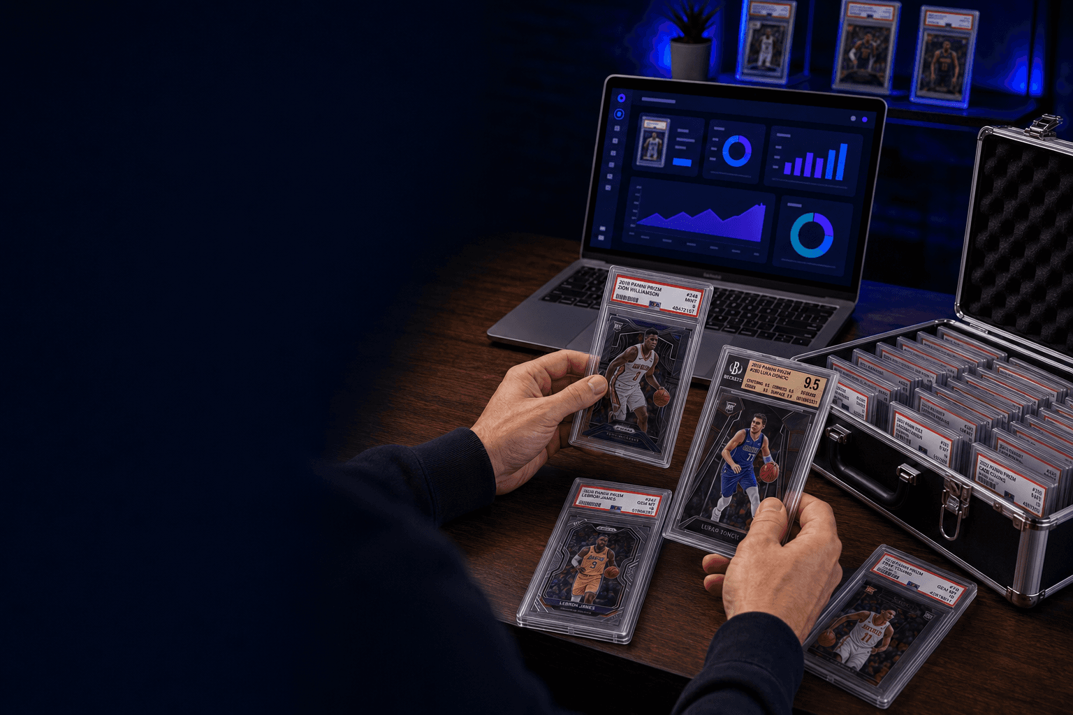 A collector reviewing graded sports cards beside a collection dashboard and an open slab storage case